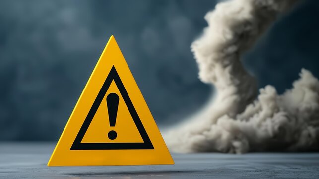 Yellow warning triangle with a black exclamation mark, with a tornado spiraling in the background