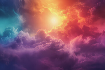 Colorful rainbow clouds with the sun shining in the background. Clouds form abstract shapes.