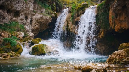 Obraz premium Waterfalls are created through the erosion of rock layers over time.
