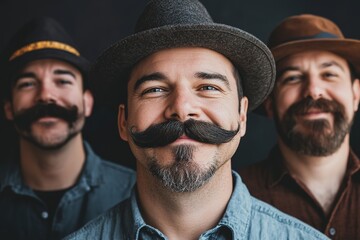 Three men sporting oversized mustaches and hats.