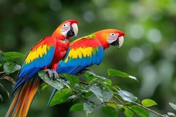 Obraz premium Amazon Forest macaws flying over the canopy, their bright feathers contrasting with the green trees