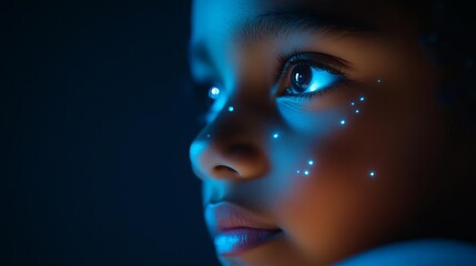Close-up of a child's face illuminated by a star map, stars in their eyes, camping stargazing, inspiring young minds