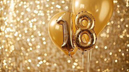 Balloons shaped like the number 18 made from gold foil, with a backdrop of sparkling gold sequins