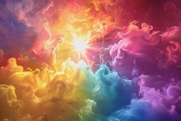 Colorful rainbow clouds with the sun shining in the background. Clouds form abstract shapes.