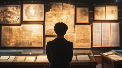 Scholar examining ancient maps and documents in a history museum.