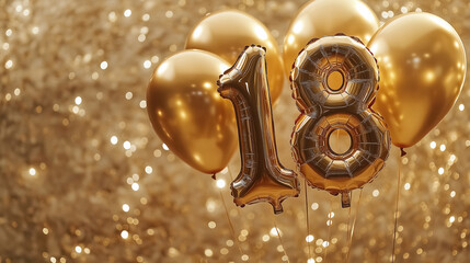 Balloons shaped like the number 18 made from gold foil, with a backdrop of sparkling gold sequins
