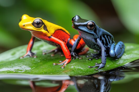 Amazon Forest poison dart frogs perched on leaves, their vivid colors standing out