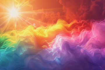 Colorful rainbow clouds with the sun shining in the background. Clouds form abstract shapes.