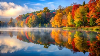 Vibrant autumn foliage surrounds a serene lake at Bay City State Park on a crisp Halloween morning, with