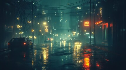 Obraz premium Misty urban street scene at night, illuminated by neon lights and reflecting in rain-soaked pavement, creating a moody atmosphere.