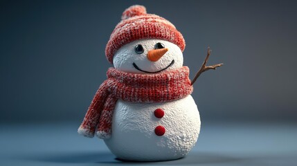 Cheerful snowman wearing a red knitted hat and scarf, smiling with a snowy appearance, perfect for winter holiday themes.