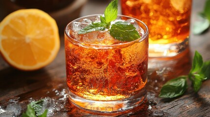 Refreshing beverage with ice and mint served in a glass alongside an orange slice on a wooden table