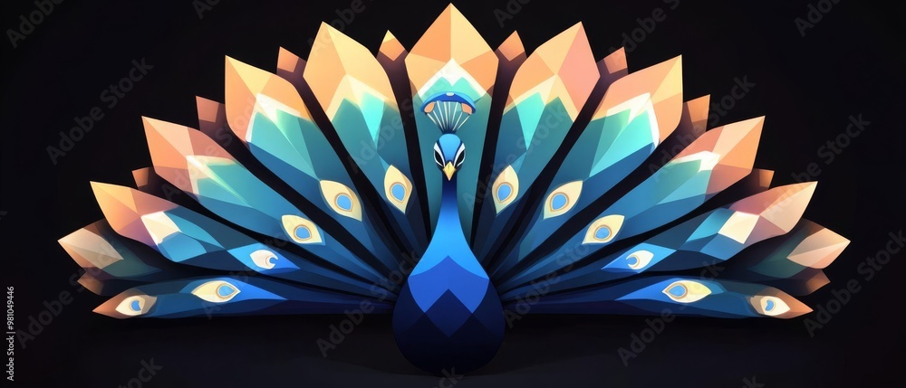 Poster vibrant peacock art intricate geometric patterns and soft gradients create a stunning visual masterp