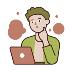 Clip art of a person thinking in front of a laptop