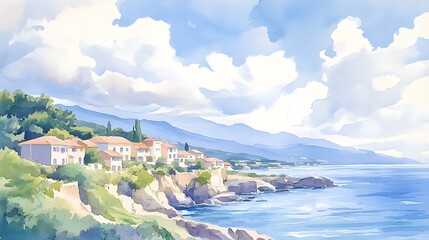 Fototapeta premium Coastal village bathed in dramatic light, with houses in every hue dotting the cliffs, the sky above alive with watercolor swirls, creating a dynamic seascape