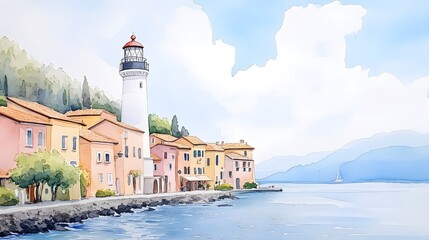 A vibrant coastal town with multicolored buildings, the lighthouse towering above the waves, peaceful atmosphere captured in delicate watercolor