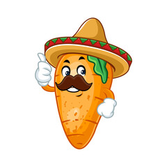 A cheerful cartoon carrot with a mustache wearing a sombrero hat, giving a thumbs up.