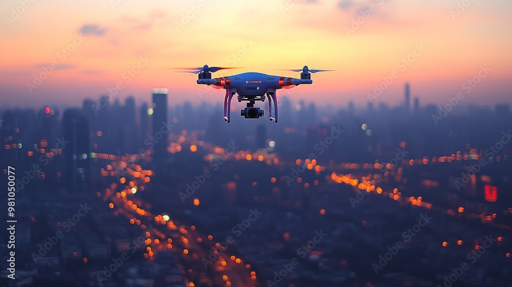 Poster drones navigate city skyline at dusk with advanced ai technology guiding their flight paths