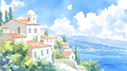 Obraz premium Picturesque coastal village with brightly colored houses, green hills rising in the background, the sea reflecting the vibrant hues of the landscape in a harmonious scene