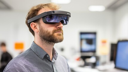 Augmented reality developer working with advanced technology in a modern office environment