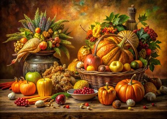 Vibrant autumnal still-life painting of a bountiful harvest table, adorned with golden turkey, ripe fruits, and