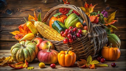 Vibrant autumnal vegetables and fruits overflow from a beautifully woven horn-shaped wicker basket, perfectly arranged