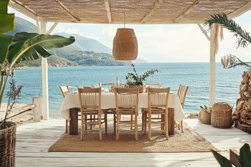 Obraz premium Mediterranean Dining Seaside Lunch at Coastal Villa with Ocean View. Perfect Summer Vacation