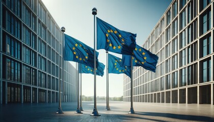 European Union Flags Waving In Front Of Modern Building