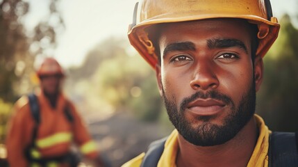 Fototapeta premium Firefighter in wildland area stands confidently in work environment