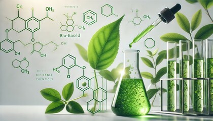 Biotechnology experiment with plants and green chemical solutions.