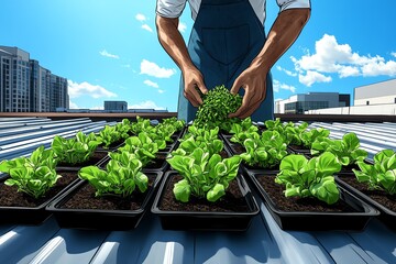 An illustration of urban farming on rooftops, showing how cities can support agriculture in limited spaces