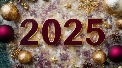 Festive 2025 New Year Celebration Background with Gold and Purple Decorations