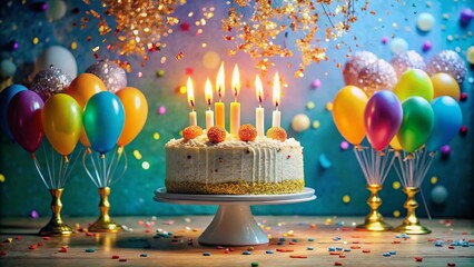 Vibrant balloons and confetti surround a stunning cake adorned with four glittering candles, marking a milestone 40th