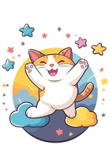 Whimsical Cat Leaping Through Dreamy Clouds and Vibrant Stars A Playful Fantasy Scene for Animal Lovers and Childrens Illustrations