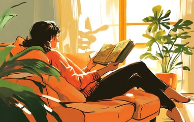Cozy Sunday Vibes - Person Relaxing and Reading a Book in Warm Tones