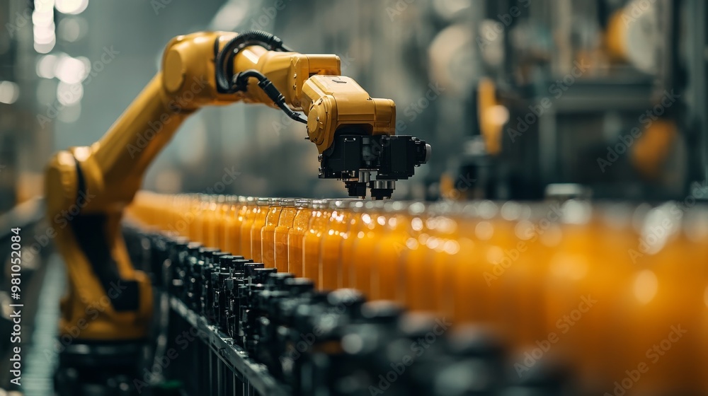 Poster robotic arm sorting and handling various items on a production line in a contemporary factory