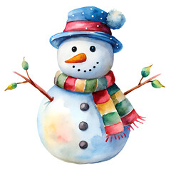 Cheerful snowman with colorful scarf and hat against white background, perfect for holiday cards. Watercolor snowman on isolated background. 