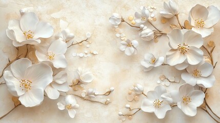 Vintage 3D Wallpaper with White Flowers and Golden Elements on a Beige Background -- AI generated illustration