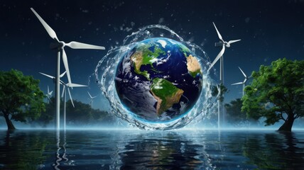  Earth Surrounded by Wind Turbines and Water