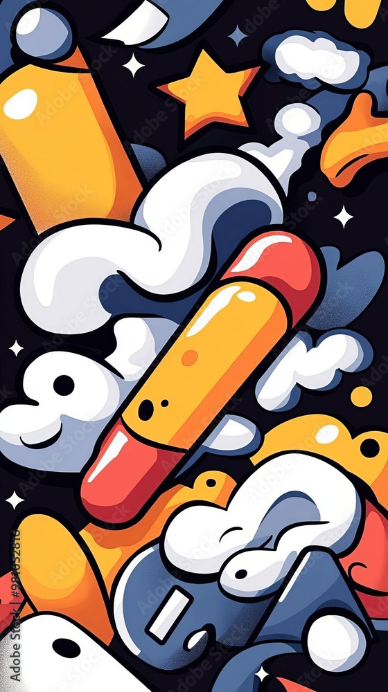 Poster whimsical handdrawn doodle of abstract objects capturing the essence of fun and creativity in a free