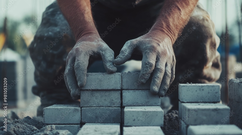 Poster hands of a construction worker placing concrete blocks, emphasizing progress and craftsmanship in mo