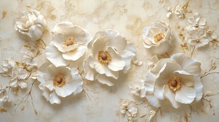 Vintage 3D Wallpaper with White Flowers and Golden Elements on a Beige Background -- AI generated illustration