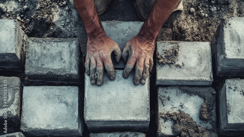 Poster hands of a construction worker placing concrete blocks, emphasizing progress and craftsmanship in mo
