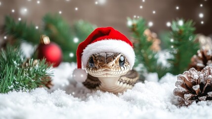 Obraz premium Adorable Snake With Santa Hat in Winter Wonderland, Celebrating The Year of the Snake 2025.