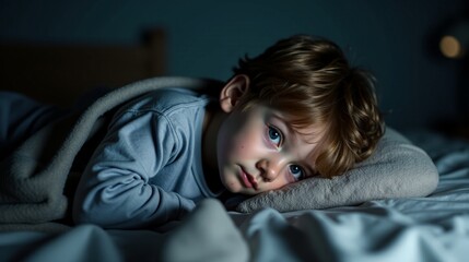 Fototapeta premium Restless Boy in Pajamas with Blanket in Dimly Lit Bedroom at Night