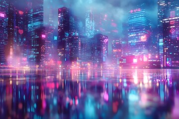 Neon Drenched Futuristic Cityscape with Holographic Textures and Glitch Effects