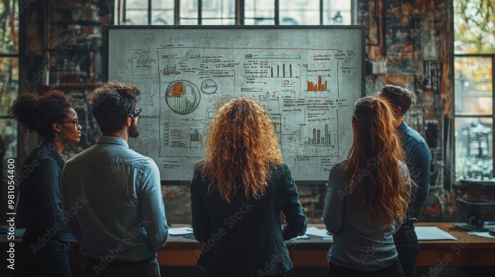 Poster strategic brainstorming: a diverse team analyzes data and charts on a whiteboard, engaged in collabo