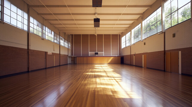 Spacious gymnasium hall with polished wooden floor high ceiling large windows natural light classic sports venue for events basketball dance classes social gatherings multipurpose hire space
