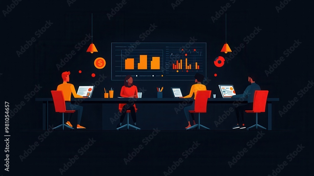 Poster data-driven night: a team huddles in the glow of data visualizations, collaborating on a project lat
