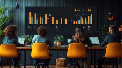 Data-Driven Collaboration: A diverse team of professionals analyzes data on a large screen in a modern office setting, showcasing a collaborative and data-driven approach to business.  